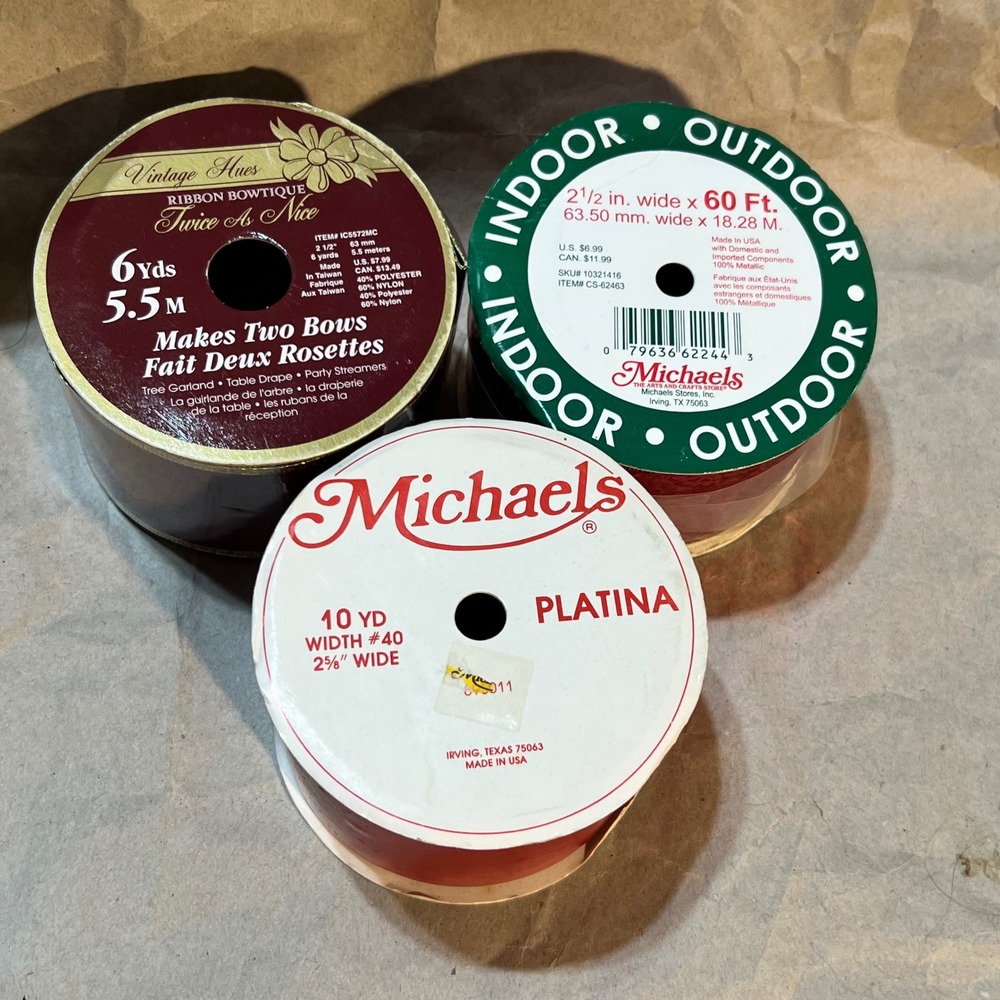 Michaels 3pc Ribbon Spools Red Burgundy Gold Holiday Crafting Gift Wrap 86ft